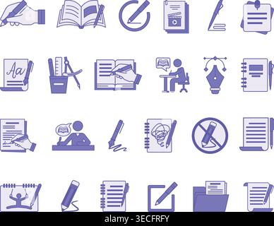 Colored Writing Icon Set. Vector Icons Book, Compose, Writer, Stationery, Edit, Document, Draw, Pencil, Calligraphy, Pen, Quill, Author, Notepad, Writ Stock Vector