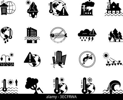 Black Climate Change Icon Set. Vector Icon Global Warming, Tsunami, Earthquake, Drought, Flood, No Water, Solar Radiation, Deforestation and More Stock Vector