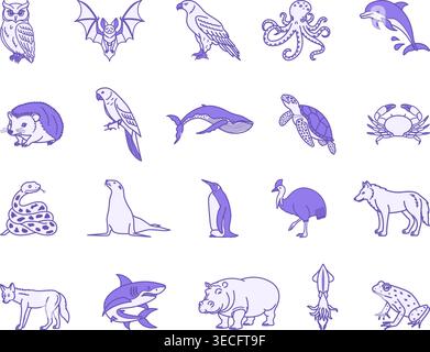 Colored Animal Icons. Vector Illustrations of Owl, Bat, Eagle, Octopus, Dolphin, Hedgehog, Parrot, Whale, Turtle, Snake, Penguin, Cassowary, and More Stock Vector