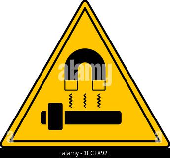 Yellow Sign Block Magnet. Vector Icon. Magnet Attracting Iron Axe. Danger Warning Sign Stock Vector
