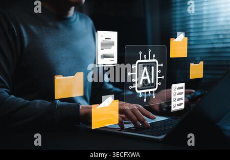 AI document management and intelligent file automation concept. Person using laptop with digital folders, documents, checklist icons. Stock Photo