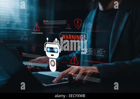 AI cybersecurity warning concept. Person using laptop with chatbot detects system threats, data breach alerts, malware risks, network errors, digital Stock Photo