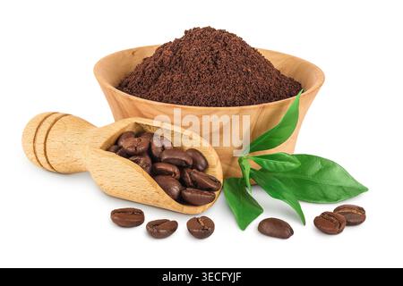 ground coffee in wooden bowl and coffee beans isolated on white background Stock Photo