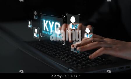 Hands Typing on Keyboard with Digital KYC Customer Identification Interface and User Icons in a Modern Business Environment Sigmoid Stock Photo