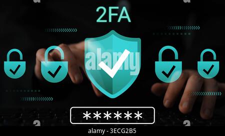 Digital Security Concept Featuring Two-Factor Authentication with Lock Icons and Hands Typing on Keyboard for Enhanced Online Protection Gluon. Stock Photo
