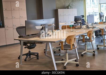 A modern office workspace interior featuring a long shared desk with multiple workstations equipped with Dell computer monitors, adjustable desk Stock Photo