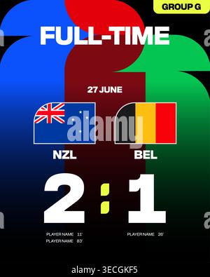 New Zealand vs Belgium Football 2026 Match Result Full-Time Scoreboard Graphic for Tournament Group G with Flags and Player Scores.. Stock Vector