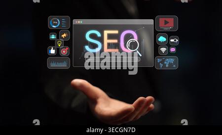 SEO concept for improving SEO visibility, with SEO related digital tools and SEO performance icons shown in an focused layout for strategic marketing Stock Photo