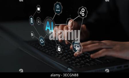 Person Typing on Keyboard with AI Icons, Digital Network Connections, Technology Concept for Innovation and Future, Modern Workspace, Creative Ideas Stock Photo