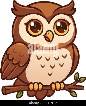 Adorable brown owl cartoon character sitting on a tree branch with big glossy eyes. Stock Vector