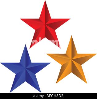 Set of three colorful 3D stars in red blue and gold colors for premium design awards. Stock Vector