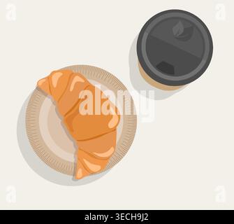 Minimalist Coffee and Croissant Vector Set Top View of Takeaway Paper Cup and French Pastry on Plate for Breakfast Branding and Cafe Design Assets Stock Vector