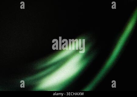 abstract background with glowing green and white curved light trails and heavy grain on black Stock Photo