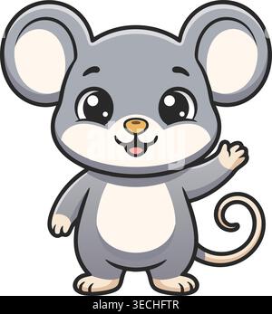 Adorable grey mouse cartoon character waving hand with big glossy eyes and curly tail. Stock Vector