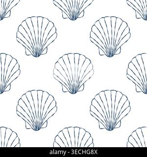 Vector Hand Drawn Whimsical Mediterranean Seashell Pattern, Nautical Ocean Shells Collection, Marine Line Art Illustration Stock Vector