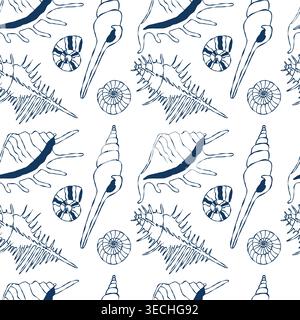 Vector Hand Drawn Whimsical Mediterranean Seashell Pattern, Nautical Ocean Shells Collection, Marine Line Art Illustration Stock Vector