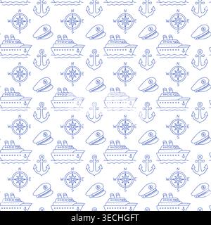 Seamless pattern with cruise ships, captain hats, anchors and compasses in blue line style on white background. Outline nautical print.  Stock Vector