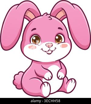 Adorable pink bunny cartoon character sitting with long ears and big glossy eyes vector illustration. Stock Vector