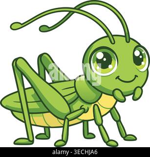 Adorable green grasshopper cartoon character with big glossy eyes and happy smiling face Stock Vector