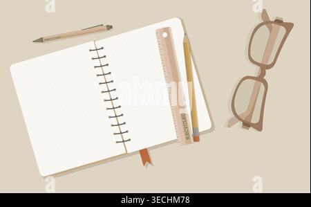 Minimalist Open Kraft Notebook Vector Top View with Dot Grid Paper Wooden Ruler and Glasses Professional Academic Stationery Flat Lay for Branding Stock Vector