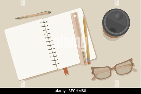 Minimalist Eco Workspace Flat Lay Vector Open Kraft Notebook with Dot Grid Paper Coffee Cup and Glasses for Sustainable Branding and Digital Planning Stock Vector
