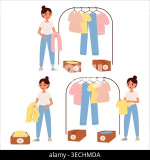 Vector illustration of clearing space and life of excess. Clearing out clutter at home, donating unwanted items Stock Vector