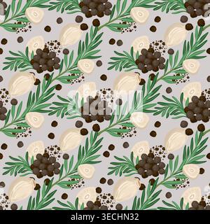 Rosemary and garlic vector seamless pattern. Hand drawn green branch with black pepper on gray background. Italian cooking spice for restaurant menu design. Culinary kitchen print for textile fabric. Stock Vector
