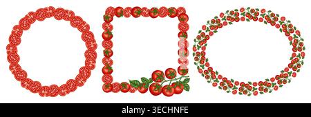 Tomato geometric frame set vector food illustration. Hand drawn wreath with red cherry tomatoes and basil leaf. Fresh healthy ingredient for restaurant menu design. Perfect for product packaging. Stock Vector