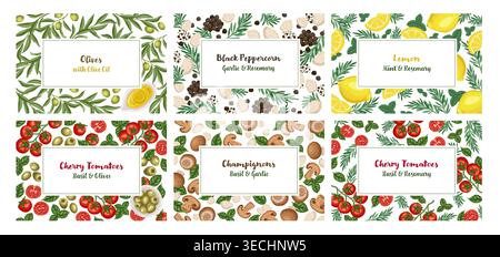 Vegetable food card background set vector illustration. Hand drawn tomato cherry with olive oil and mushroom. Organic kitchen menu design for natural market. Green farm product packaging template. Stock Vector