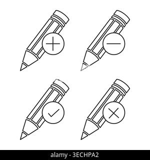 Pencil edit icons set with plus minus check and cross signs vector. Great for mobile app interface and web design projects. EPS 10. Stock Vector