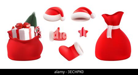 3D Santa Claus red bag with wrapped gift, secret New Year present. Christmas tree, candy cane and star decoration in pouch sack. Realistic vector Stock Vector