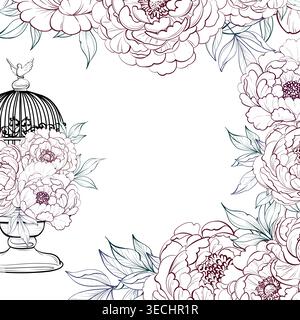 Peony square frame border. Botanical floral frame with space for text, decor and design Stock Vector