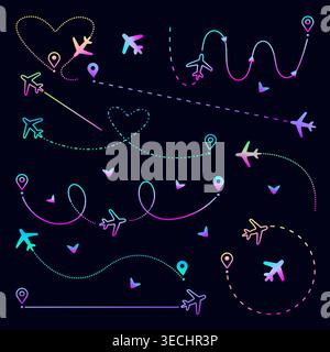 Neon airplane path set, luminescent vector plane route collection, flight ways with destinations. Gradient ultra acid line and dotted signs, aircraft Stock Vector