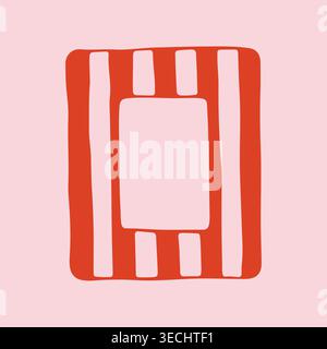 Hand drawn vertical rectangular frame with wide red stripes on pink background. Minimalist vector doodle border for artistic portrait labels and Stock Vector