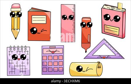 Cute school stationery and Art Supplies Set, cartoon style Stock Vector