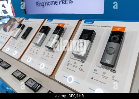 Ring Video Doorbells On Display At Electronics Store With Smart Home Security Demo Units Stock Photo