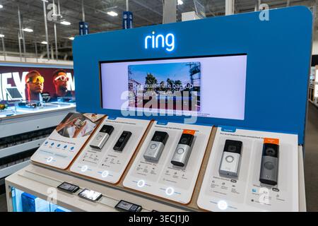 Ring Video Doorbells On Display At Electronics Store With Smart Home Security Demo Units Stock Photo