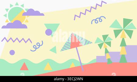 Vibrant pastel geometric background illustrating a joyful summer beach holiday scene. Features abstract sun clouds palm trees umbrella. Stock Vector