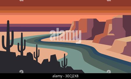 A striking vector illustration showcasing a vibrant desert canyon landscape at sunset. Features a winding river flowing between majestic mountains. Stock Vector