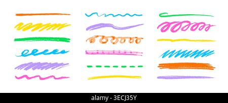 Line color brush crayon set. Underline brush crayon hand drawn pencil pen stroke marker color..Kid children doodle scribble wavy squiggle highlight texture grunge background. Vector illustration. Stock Vector