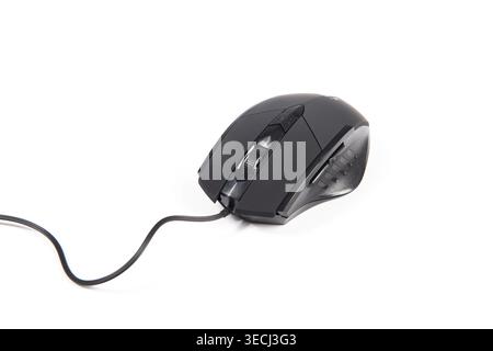 Ergonomic wired computer gaming mouse with side buttons on white background Stock Photo