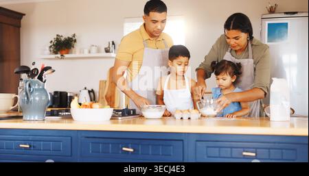 Baking, mixing and learning with family in kitchen in home for support, cookies and bonding together. Cooking, dessert and teaching with parents and Stock Photo