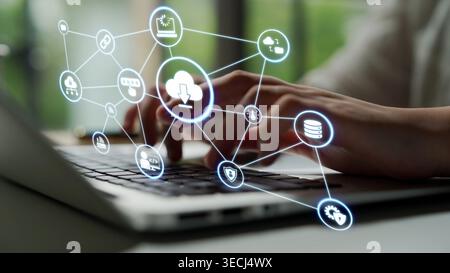 Cloud computing, cloud strategy, and cloud technology transforming digital infrastructure with scalable services, secure data storage, and cloud-based Stock Photo