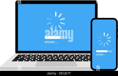 System software updates, data updates or synchronisations with a progress bar on the screen. Vector illustration, stock illustration. Stock Vector