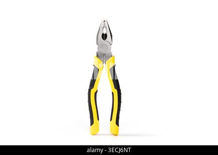 Pliers with yellow and black handles standing vertically on white background Stock Photo