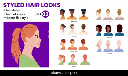 Updo Chart Styled hair looks infographic set with labeled braid, curl under ...