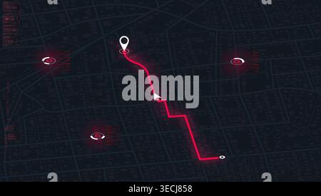 Futuristic city map with glowing red navigation path and HUD user interface elements showing GPS tracking data. Vector illustration. Stock Vector