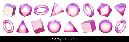 Pink 3d abstract basic shape, math figure object render. Iridescent elements, sphere cube and metal ring ball. Gradient holographic cone circle set Stock Vector