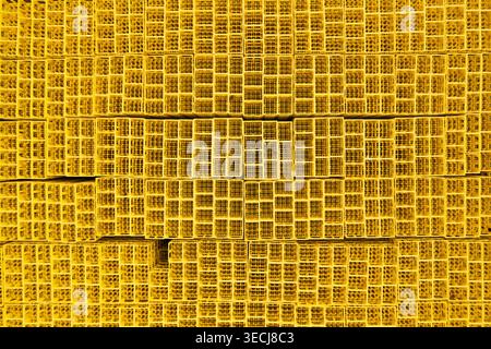 Aerial view of stacked yellow plastic crates creating a repetitive geometric pattern in an industrial storage area. Stock Photo