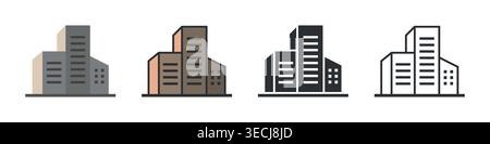 Minimal office buildings icon in flat and outlined style representing office, hotel, skyscraper, home, residential, hospital, school, headquarters etc Stock Vector